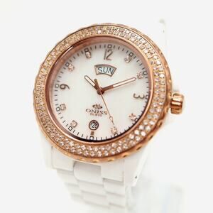 Oniss Paris White Ceramic MOP Day Date Watch 38mm Sapphire Crystal w New Battery
